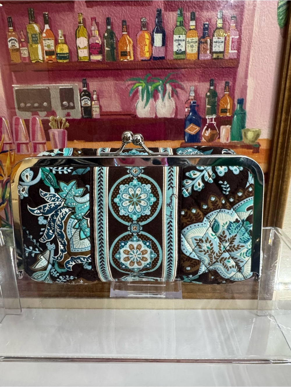 Vera Bradley KISS LOCK Brown and Turquoise Quilted Floral Cluth or Cosmetic Case